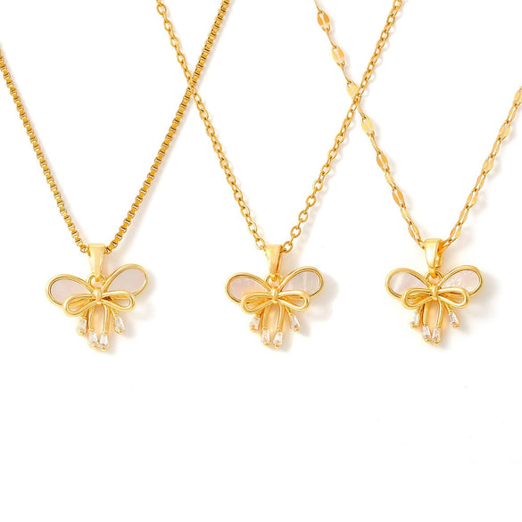 Wholesale Women's Sweet Fairy Style Copper And Titanium Steel Pendant Clavicle Chain With Water Shell Double Bow And Geometric Pattern 18K Real Gold Plated