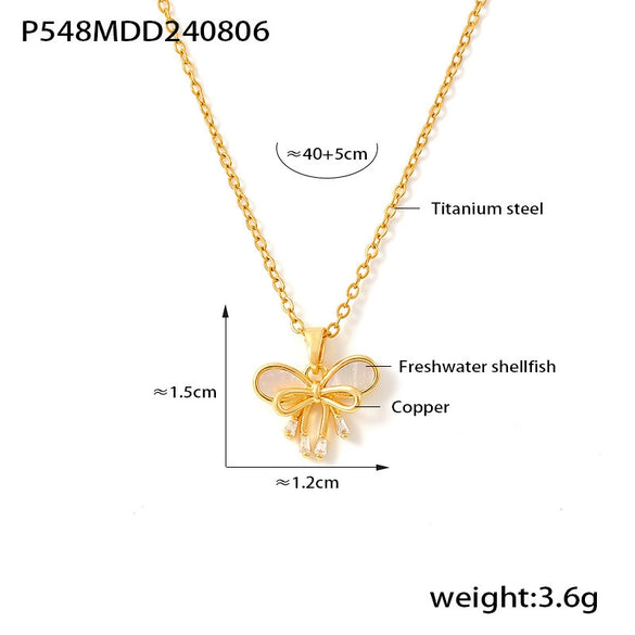 Wholesale Women's Sweet Fairy Style Copper And Titanium Steel Pendant Clavicle Chain With Water Shell Double Bow And Geometric Pattern 18K Real Gold Plated