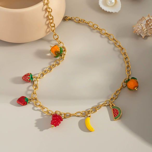 Wholesale Women's Sweet Fashion Titanium Steel Necklace With Fruit Pendant And 18K Gold Pvd Vacuum Real Gold Electroplated Clavicle Chain Colorpreserving Jewelry