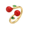 Wholesale Women's Sweet Fruit Style Copper Drop Cherry And Strawberry Open Adjustable Ring With Dripping Oil Design