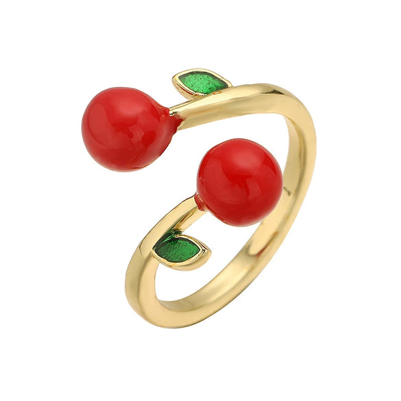 Wholesale Women's Sweet Fruit Style Copper Drop Cherry And Strawberry Open Adjustable Ring With Dripping Oil Design