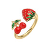 Wholesale Women's Sweet Fruit Style Copper Drop Cherry And Strawberry Open Adjustable Ring With Dripping Oil Design