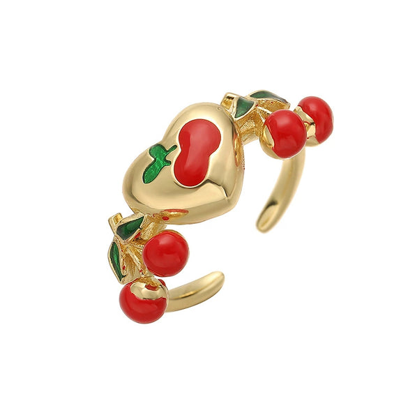 Wholesale Women's Sweet Fruit Style Copper Drop Cherry And Strawberry Open Adjustable Ring With Dripping Oil Design