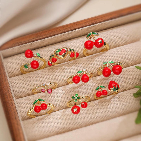 Wholesale Women's Sweet Fruit Style Copper Drop Cherry And Strawberry Open Adjustable Ring With Dripping Oil Design