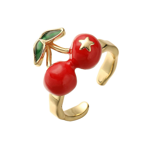 Wholesale Women's Sweet Fruit Style Copper Drop Cherry And Strawberry Open Adjustable Ring With Dripping Oil Design