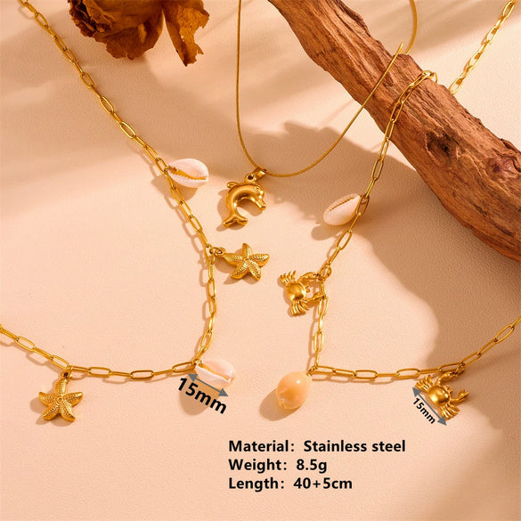 Wholesale Women's Sweet Geometric Titanium Steel Dolphin Pendant Beach Necklace With Pearl Electroplated