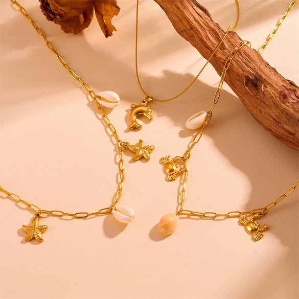 Wholesale Women's Sweet Geometric Titanium Steel Dolphin Pendant Beach Necklace With Pearl Electroplated