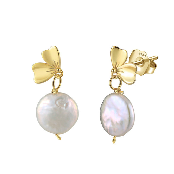 Wholesale Women's Sweet Girl Bow S925 Sterling Silver Natural Freshwater Pearl Pendant Earrings With Electroplating