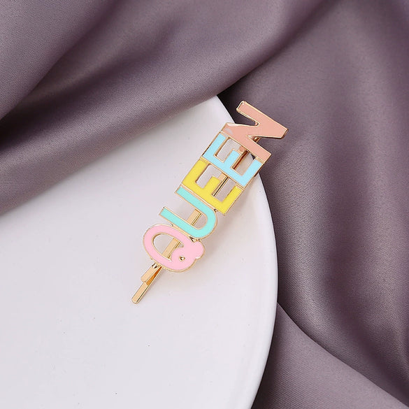 Wholesale Women's Sweet Metal Acetate Letter Clips Oil Dripping And Carved Design Including Side Clips Bangs Clips And Frog Clips