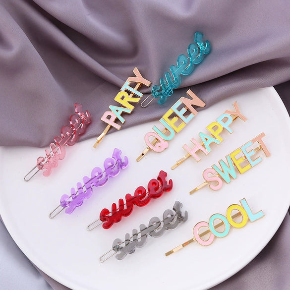 Wholesale Women's Sweet Metal Acetate Letter Clips Oil Dripping And Carved Design Including Side Clips Bangs Clips And Frog Clips