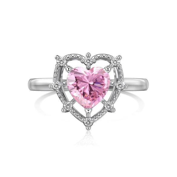 Wholesale Women's Sweet Pink Love Geometric Zircon S925 Sterling Silver Ring With Heart Shape Design And Electroplating