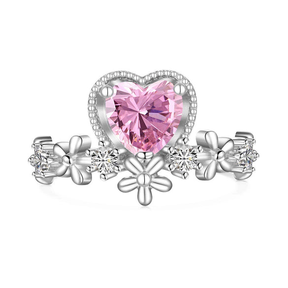 Wholesale Women's Sweet Pink Love Geometric Zircon S925 Sterling Silver Ring With Heart Shape Design And Electroplating