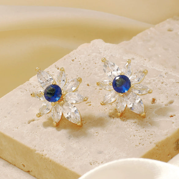 Wholesale Women's Sweet Style Copper And Glass Ear Jewelry With Colorful Zircon And Sunflower Pattern Inlaid With Diamonds And Electroplating Treatment