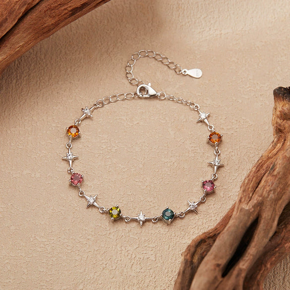 Wholesale Women's Sweet Style Natural Tourmaline S925 Sterling Silver Star Shaped Gemstone Set Bracelet