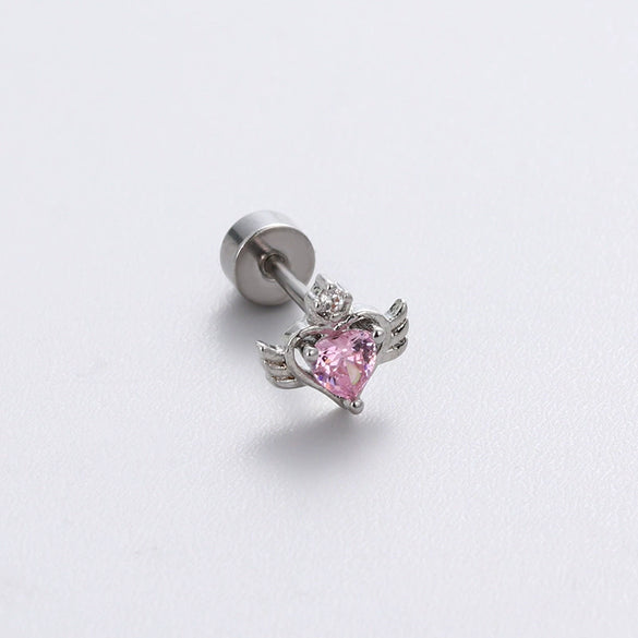 Wholesale Women's Sweet Style Titanium Steel Earrings With Pink Zircon And Heart Shape Design