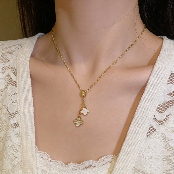 Wholesale Women's Tassel Double Fourleaf Clover Pendant Necklace In Titanium Steel And Copper Inlaid With Zircon Featuring Flower Pattern
