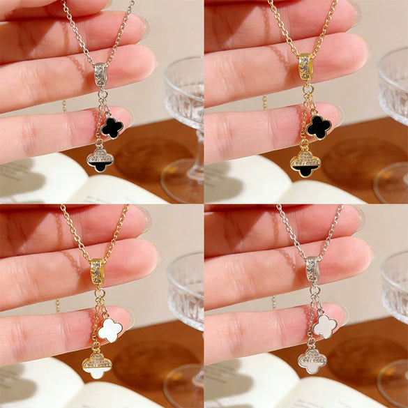 Wholesale Women's Tassel Double Fourleaf Clover Pendant Necklace In Titanium Steel And Copper Inlaid With Zircon Featuring Flower Pattern