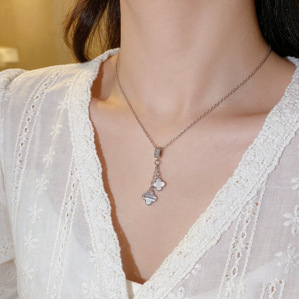 Wholesale Women's Tassel Double Fourleaf Clover Pendant Necklace In Titanium Steel And Copper Inlaid With Zircon Featuring Flower Pattern