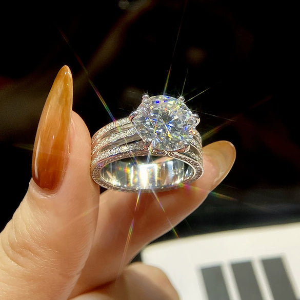 Wholesale Women's Three Rows Six Claw Ring In S925 Sterling Silver With Geometric Pattern And Electroplating Treatment