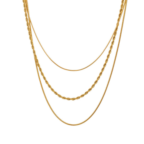 Wholesale Women's Threelayer Stacked Snake Bone Chain Twist Chain 18K Real Gold Electroplated Titanium Steel Geometric Necklace