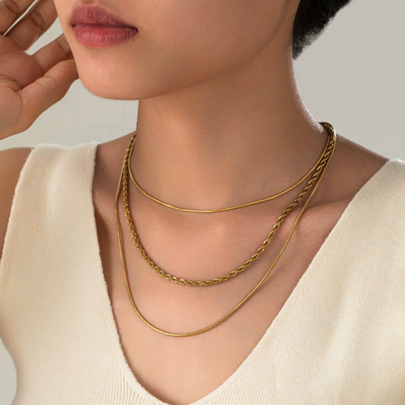 Wholesale Women's Threelayer Stacked Snake Bone Chain Twist Chain 18K Real Gold Electroplated Titanium Steel Geometric Necklace
