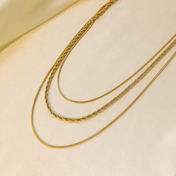 Wholesale Women's Threelayer Stacked Snake Bone Chain Twist Chain 18K Real Gold Electroplated Titanium Steel Geometric Necklace