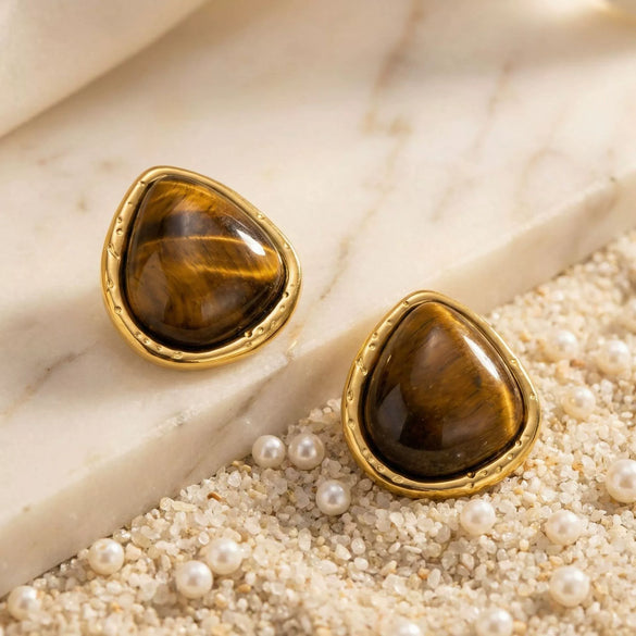 Wholesale Women's Tiger's Eye Stone Geometric Titanium Steel Electroplated Earrings In Maillard And French Retro Style