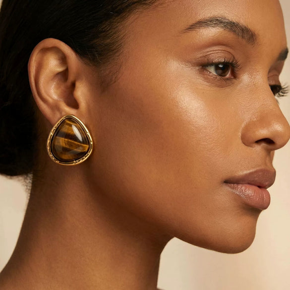 Wholesale Women's Tiger's Eye Stone Geometric Titanium Steel Electroplated Earrings In Maillard And French Retro Style
