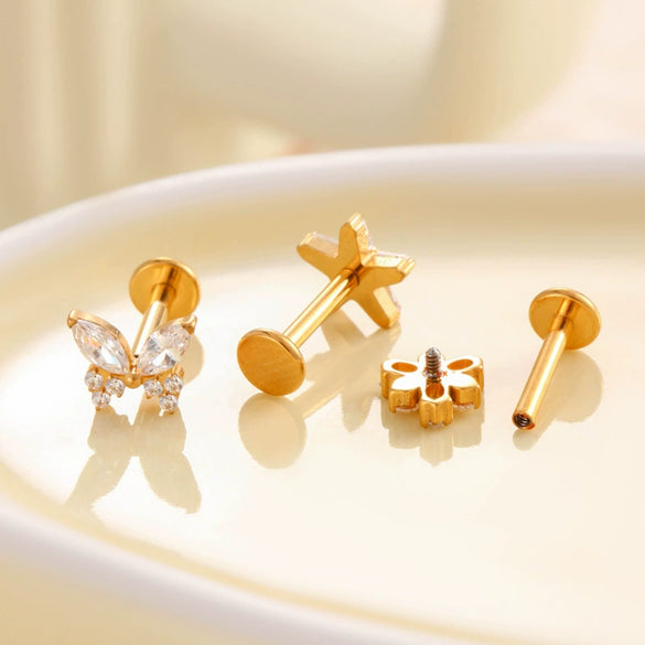 Wholesale Women's Titanium Alloy Ear Nail And Lip Nail Rod With Butterfly Star Moon And Flower Pattern Electroplating