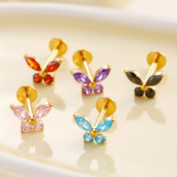 Wholesale Women's Titanium Alloy Heart Shape Inlaid Zircon Electroplated Butterfly Internal Tooth Screw Lip Nail Rod Cartilage Puncture Ear Bone Nail