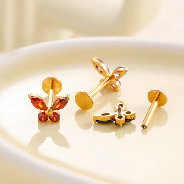 Wholesale Women's Titanium Alloy Heart Shape Inlaid Zircon Electroplated Butterfly Internal Tooth Screw Lip Nail Rod Cartilage Puncture Ear Bone Nail
