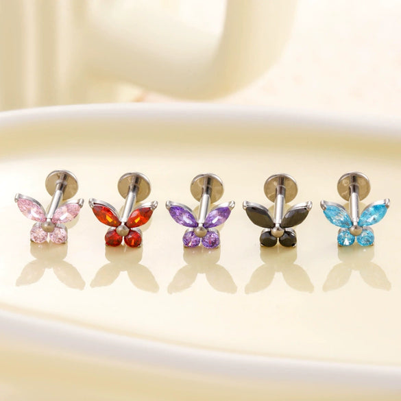 Wholesale Women's Titanium Alloy Heart Shape Inlaid Zircon Electroplated Butterfly Internal Tooth Screw Lip Nail Rod Cartilage Puncture Ear Bone Nail