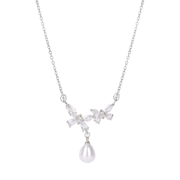 Wholesale Women's Titanium Steel And Copper Animal Zodiac Butterfly Zircon Pearl Pendant Necklace With Electroplating And Cross Chain