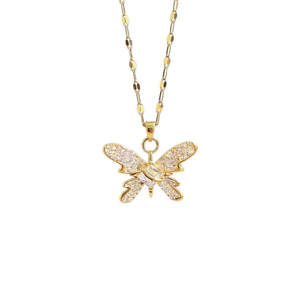 Wholesale Women's Titanium Steel And Copper Butterfly And Zodiac Pendant Necklace With Zircon Inlay And Water Wave Chain In Light Luxury Style