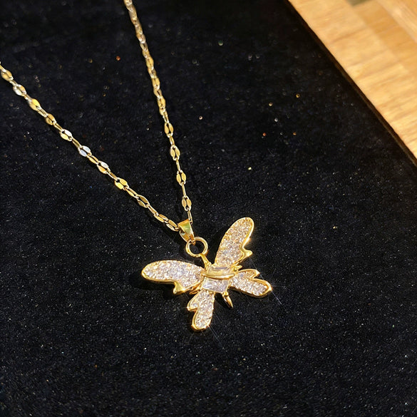 Wholesale Women's Titanium Steel And Copper Butterfly And Zodiac Pendant Necklace With Zircon Inlay And Water Wave Chain In Light Luxury Style