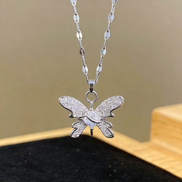 Wholesale Women's Titanium Steel And Copper Butterfly And Zodiac Pendant Necklace With Zircon Inlay And Water Wave Chain In Light Luxury Style