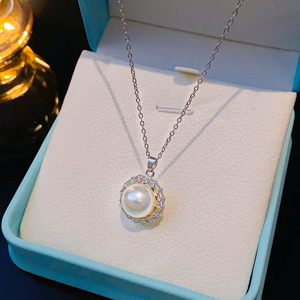 Wholesale Women's Titanium Steel And Copper Cross Chain Lace Full Diamond Pearl Light Luxury Collarbone Necklace