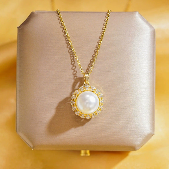Wholesale Women's Titanium Steel And Copper Cross Chain Lace Full Diamond Pearl Light Luxury Collarbone Necklace