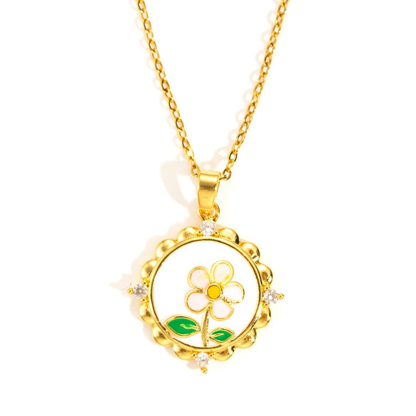 Wholesale Women's Titanium Steel And Copper Flower And Geometric Pattern Necklace With Microinlaid Zircon And 18K Gold Electroplated
