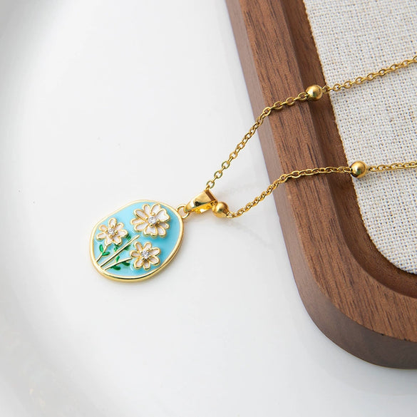 Wholesale Women's Titanium Steel And Copper Flower And Geometric Pattern Necklace With Microinlaid Zircon And 18K Gold Electroplated