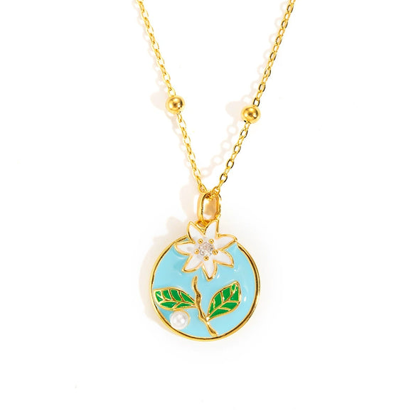 Wholesale Women's Titanium Steel And Copper Flower And Geometric Pattern Necklace With Microinlaid Zircon And 18K Gold Electroplated