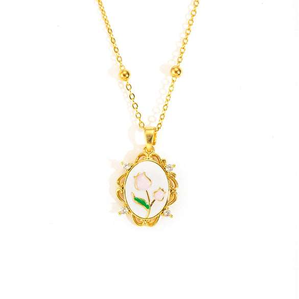 Wholesale Women's Titanium Steel And Copper Flower And Geometric Pattern Necklace With Microinlaid Zircon And 18K Gold Electroplated