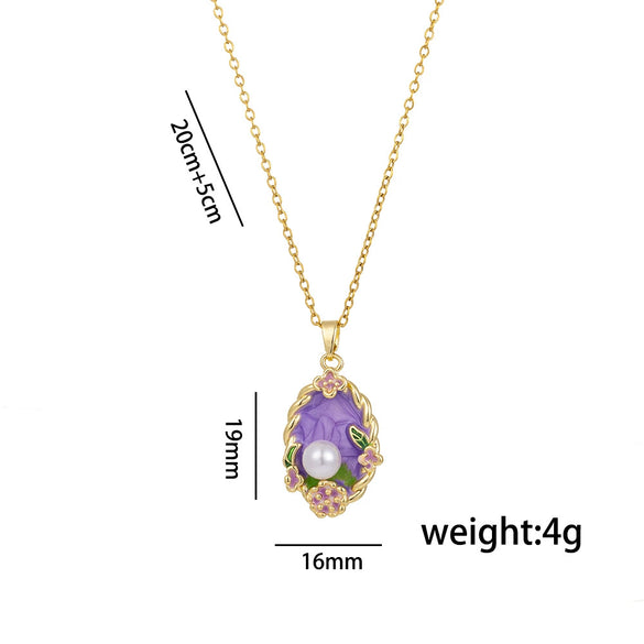 Wholesale Women's Titanium Steel And Copper Flower Pattern Oil Dripping Enamel Painted Pendant With O Word Chain Accessories