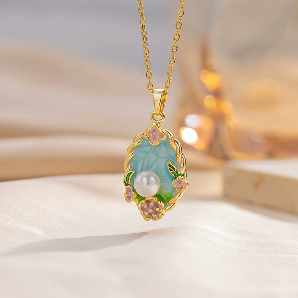 Wholesale Women's Titanium Steel And Copper Flower Pattern Oil Dripping Enamel Painted Pendant With O Word Chain Accessories