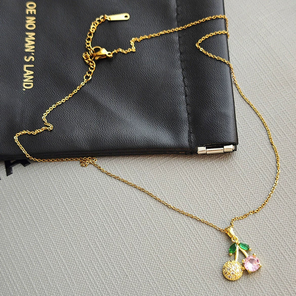 Wholesale Women's Titanium Steel And Copper Fruit Shaped Cherry Micro Inlaid Electroplated Clavicle Necklace