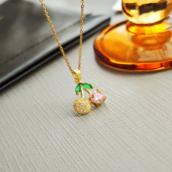 Wholesale Women's Titanium Steel And Copper Fruit Shaped Cherry Micro Inlaid Electroplated Clavicle Necklace