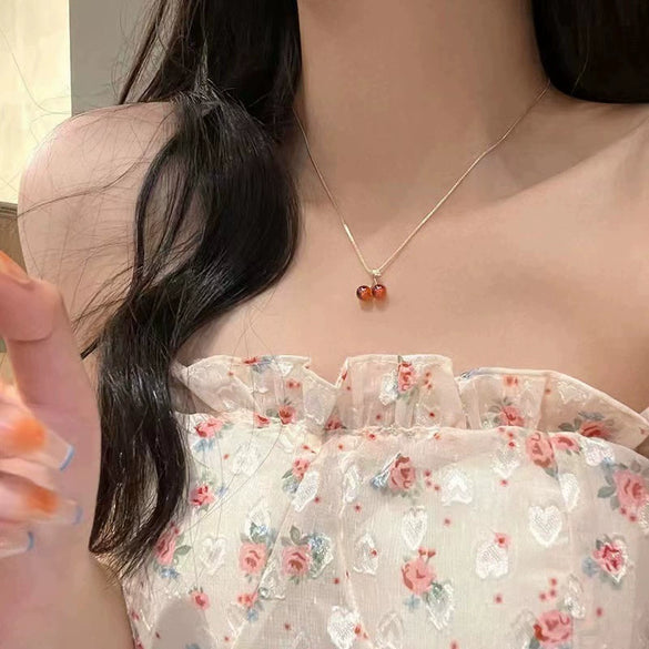 Wholesale Women's Titanium Steel And Copper Fruitshaped Pendant Necklace Set With Diamonds In Small Fresh Style