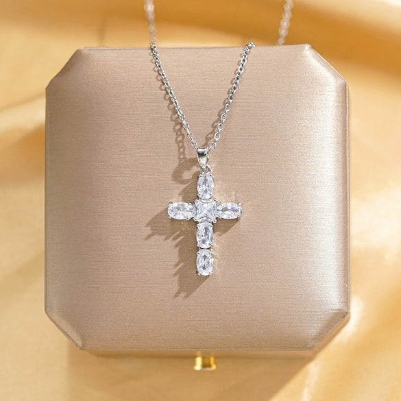 Wholesale Women's Titanium Steel And Copper Geometric Cross Pendant Necklace With Real Gold Electroplating And Inlaid Zircon And Diamonds