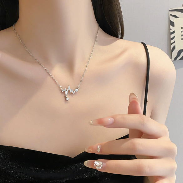 Wholesale Women's Titanium Steel And Copper Heart Electrocardiogram Geometric Pattern Diamond Set Necklace