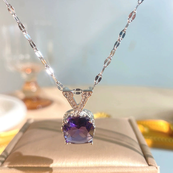 Wholesale Women's Titanium Steel And Copper Inlaid With Zircon Geometric Square And Letter Number Text Pendant Necklace With Water Wave Chain